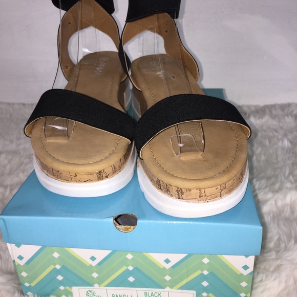 NIB Black Wedge Platform Sandals Stacked Cork Look Elastic Anna - Picture 3 of 14